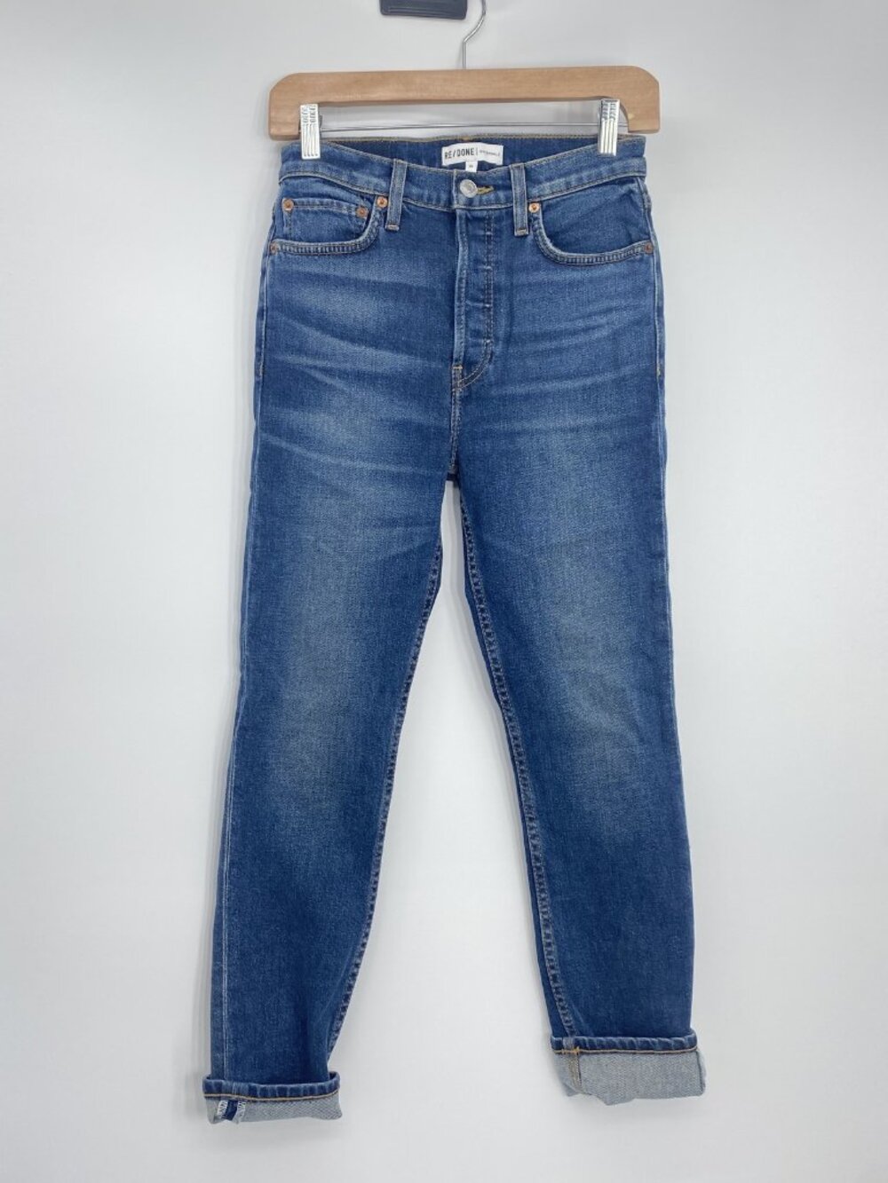 Re/Done Womans Jeans Midnight Blue Size 25 High Rise Ankle Crop Button Fly